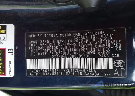 2011 Toyota Corolla S from USA, damaged, VIN 2T1BU4EE3BC695138